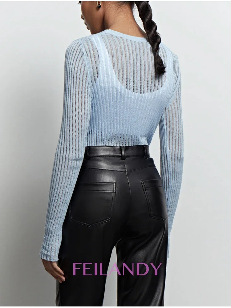 Feilandy Fashion White Elegant Striped See Through Women Tops Outfits Long Sleeve Sheer T-Shirts Tees Skinny Club Party Clothes