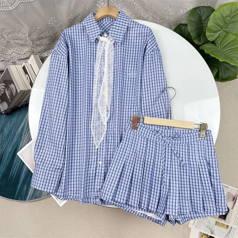 

Blue Plaid Set with Bow Tie Collar Shirt And Floral Short Skirt Contrast Color Women's Fashion Set Elegant Style Autumn Season