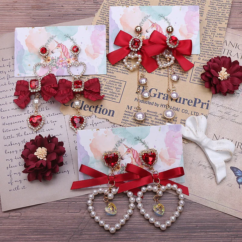 Japanese Style Girl Sweet Heart Shape Rhinestone Red Earrings Clip Customized Beaded Handmade 925 Silver Pin Earrings Ladies