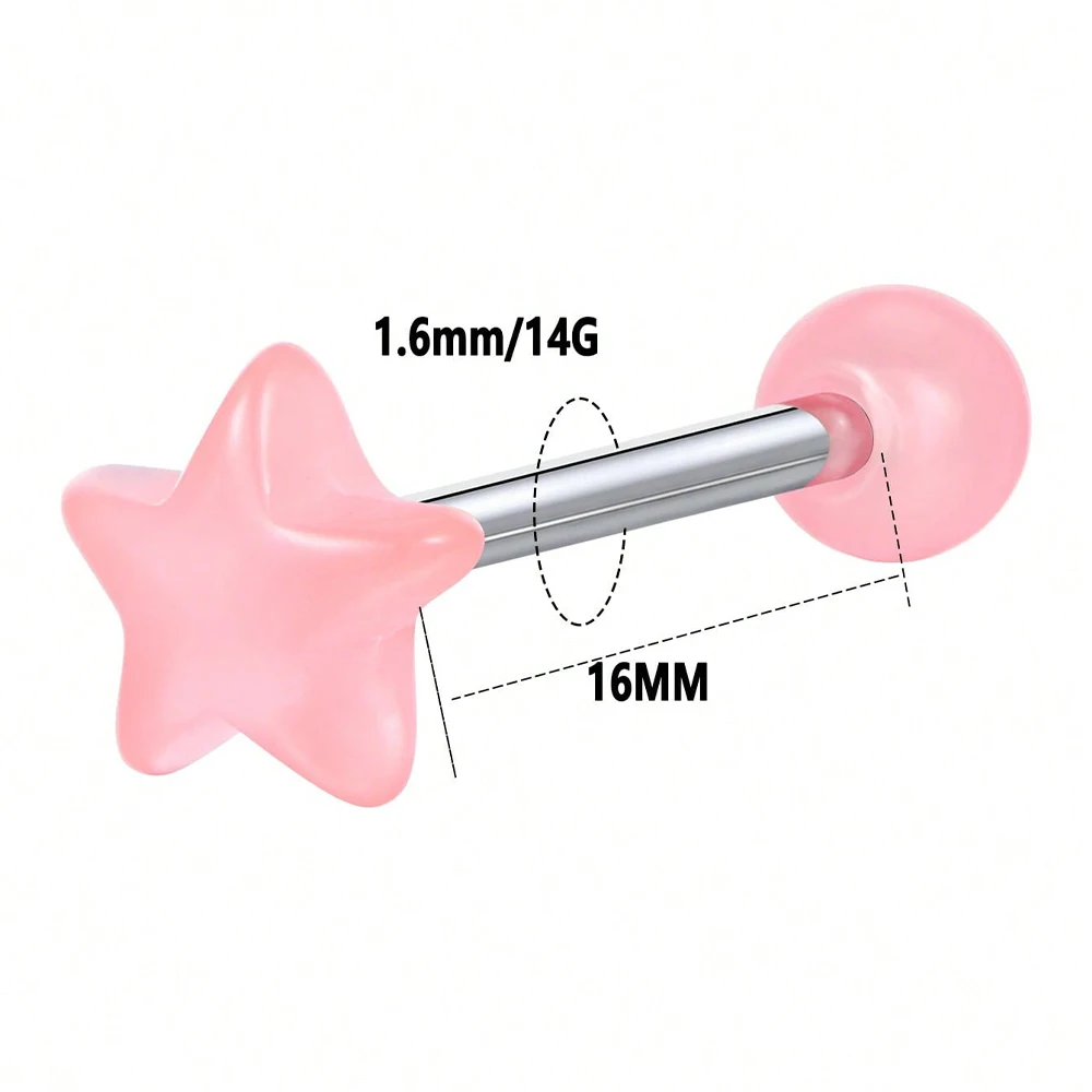 Y2K Star Tongue Rings,Glow In Dark 316L Stainless Steel Tongue Piercing Jewelry,Acrylic Tongue Piercings,14G Tongue Ring Balls