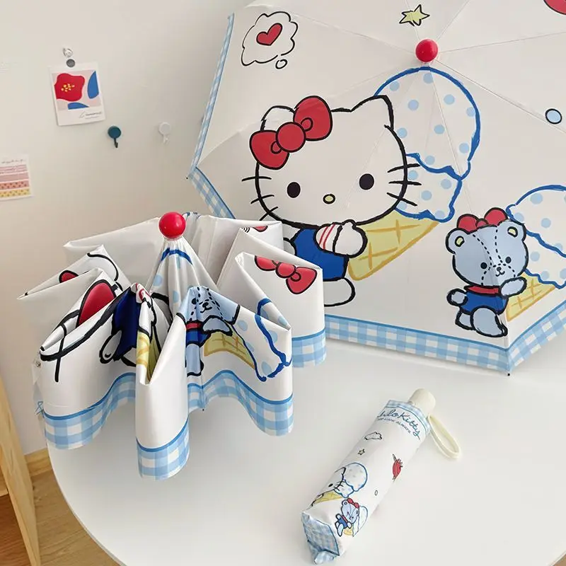 Hello Kitty Adorable Cartoon Ice Cream Folding Umbrella Kawaii Sanrio Automatic Umbrella All-weather Fashion Umbrella Gift