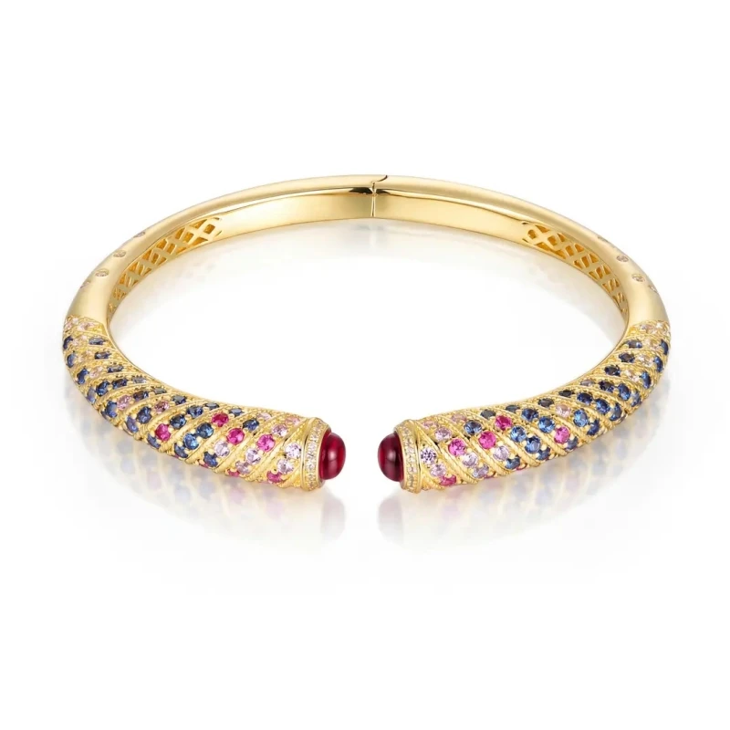 Bellux lab grown sapphire colorful gradient bracelet 925 pure silver plated yellow gold ruby vintage open bangle