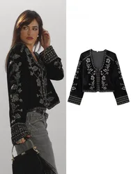 HH Women Fashion Velvet Embroidered Jacket Coat Spring Woman Casual Long Sleeves Slim Hidden Button O-Neck Elegant Outerwear