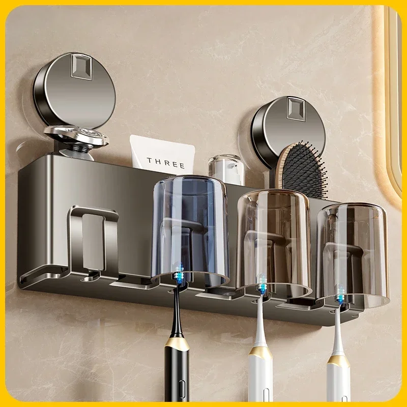 

Suction Cup Toothbrush Holder, Wall-Mounted Bathroom Organizer for Toothbrush Cup, Space-Saving Family Toothpaste Storage
