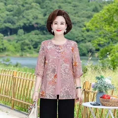 Fake Two Pieces Shirt Women Lace Hollow Half Sleeve Tops Summer Grandma Clothing Stretch  Middle Age Mother Blouse V252