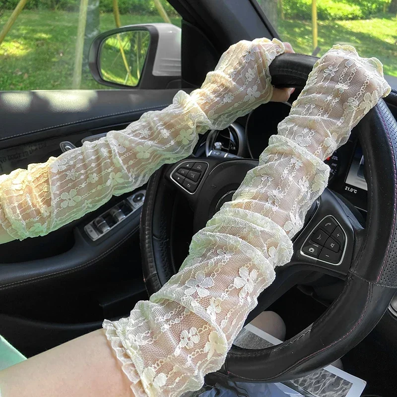 แฟชั่นถุงมือลูกไม้ยาว Hollow-Out Fingerless ถุงมือผู้หญิงแขนป้องกันดวงอาทิตย์ตาข่ายลูกไม้บางมือขี่จักรยานถุงมือถุงมือ
