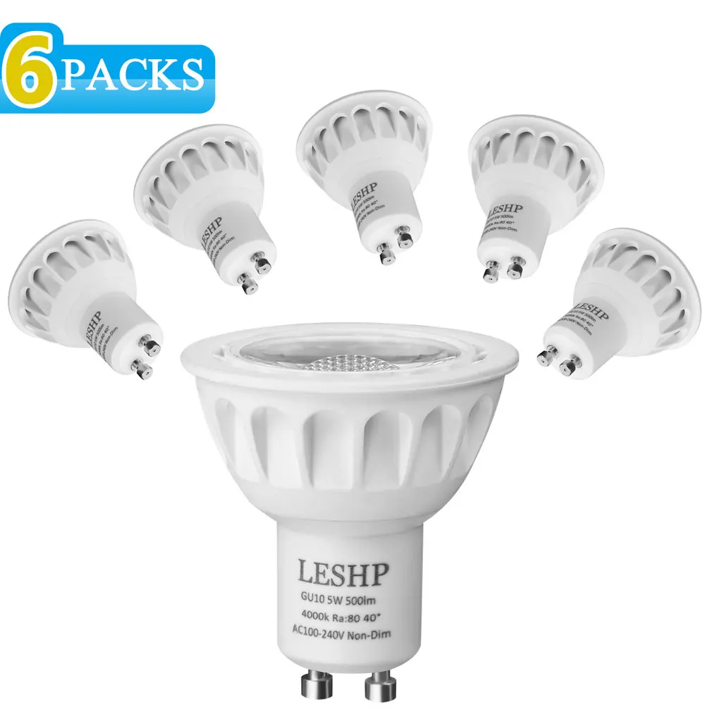 

6pcs White Led Spotlight Gu10 AC100-240V 5W 4000K 500Lm Non-Dimmable 40 Degree Beam Angle Alluminum 80RA