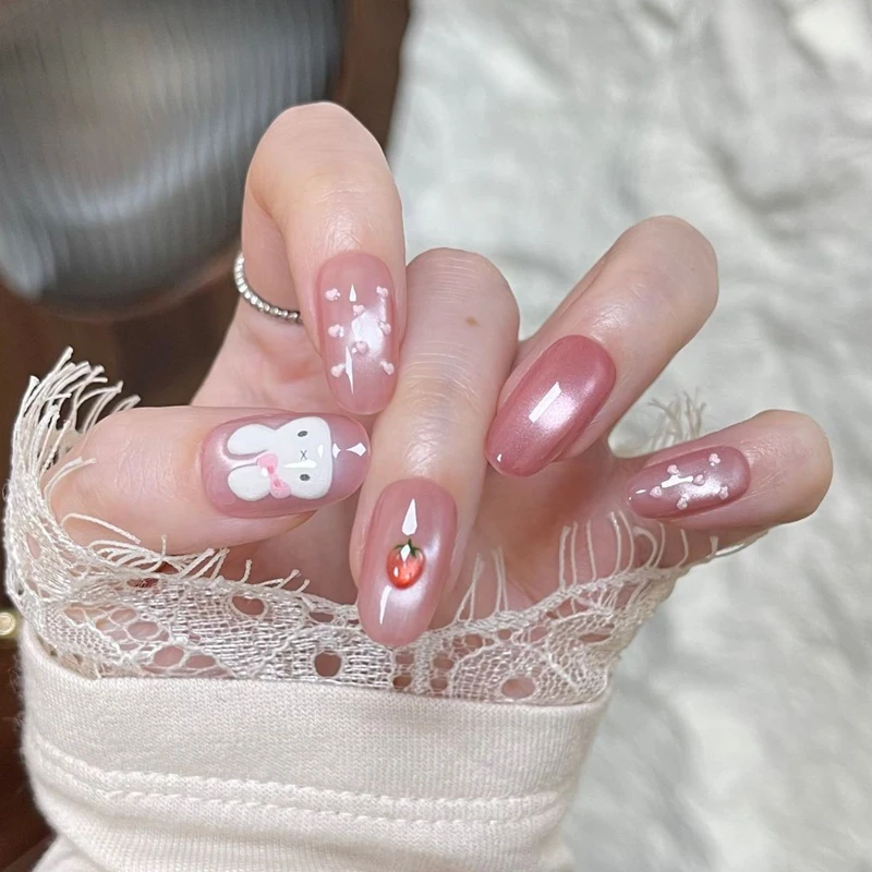 10 Stück Niedliche 3D Polka Dot Hasen Neue Katzenaugen Nagelkunst Kurze Mandel-Form Liebliche Erdbeer-Kaninchen Wiederverwendbare Nagelaufkleber Aufklebbare Nägel – Detail 10