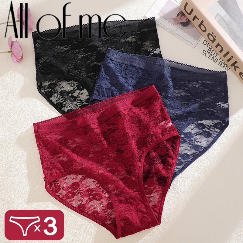3Pcs/Set Women's Lace Panties High Waisted Sexy underwears Transparent Lady's Underpants Close Fitting Plus Size Briefs S-XXL