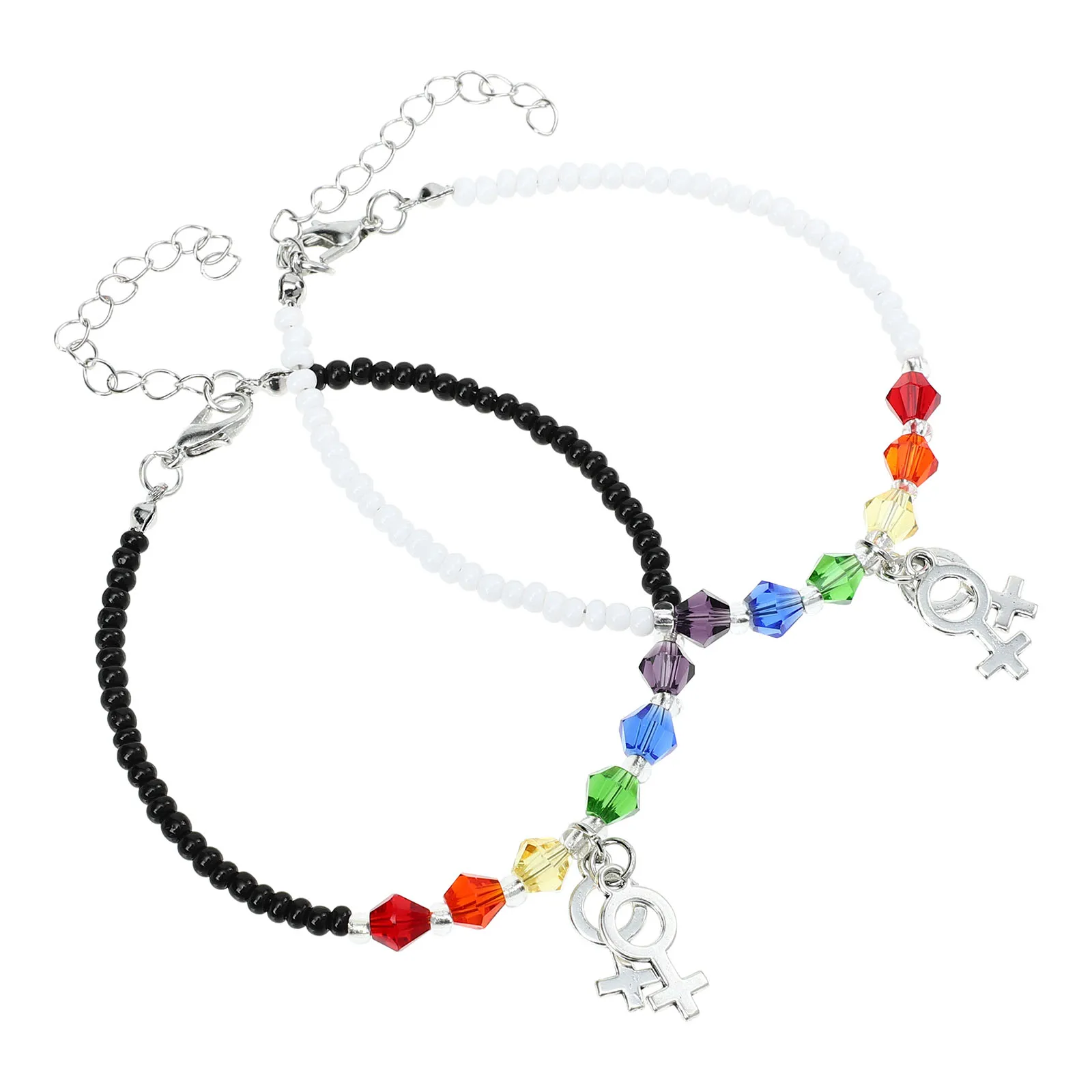 

2Pcs Rainbow Bracelet with Shiny Crystal Beads Adjustable Women's Wristband Fashion Accessory Chic Hand Decor Perfect Gift Idea