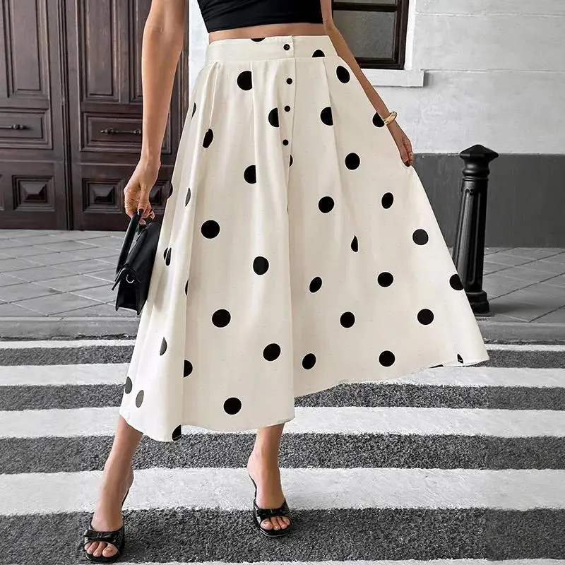 Vintage Skirts Women Long Skirt A Line Button Elegant Pleated Dot Print Y2k Streetwear Work Casual Beach High Waist 2026 Summer