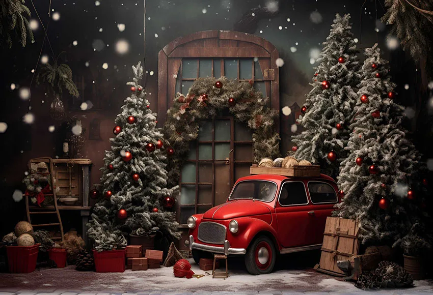 Mehofond Photography Background Winter Christmas Red Car Windows Snow Xmas Tree Kids Family Portrait Decor Backdrop Photo Studio