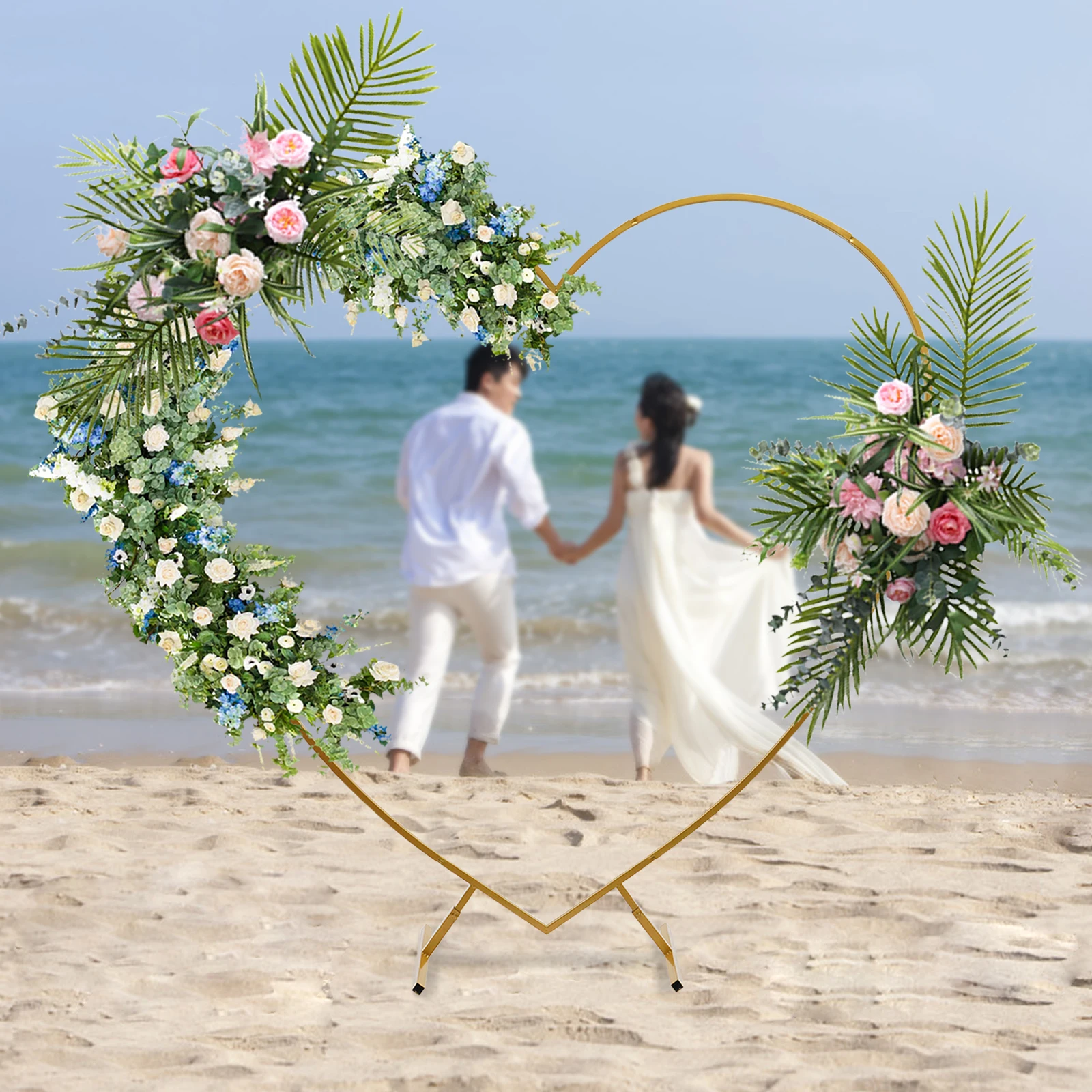 6.89ft (2.1m) Gold Metal HeartArch Kit, Wedding Heart Arch Stand, Love Column Arch Frame for Wedding, Bridal, Valentine's Day