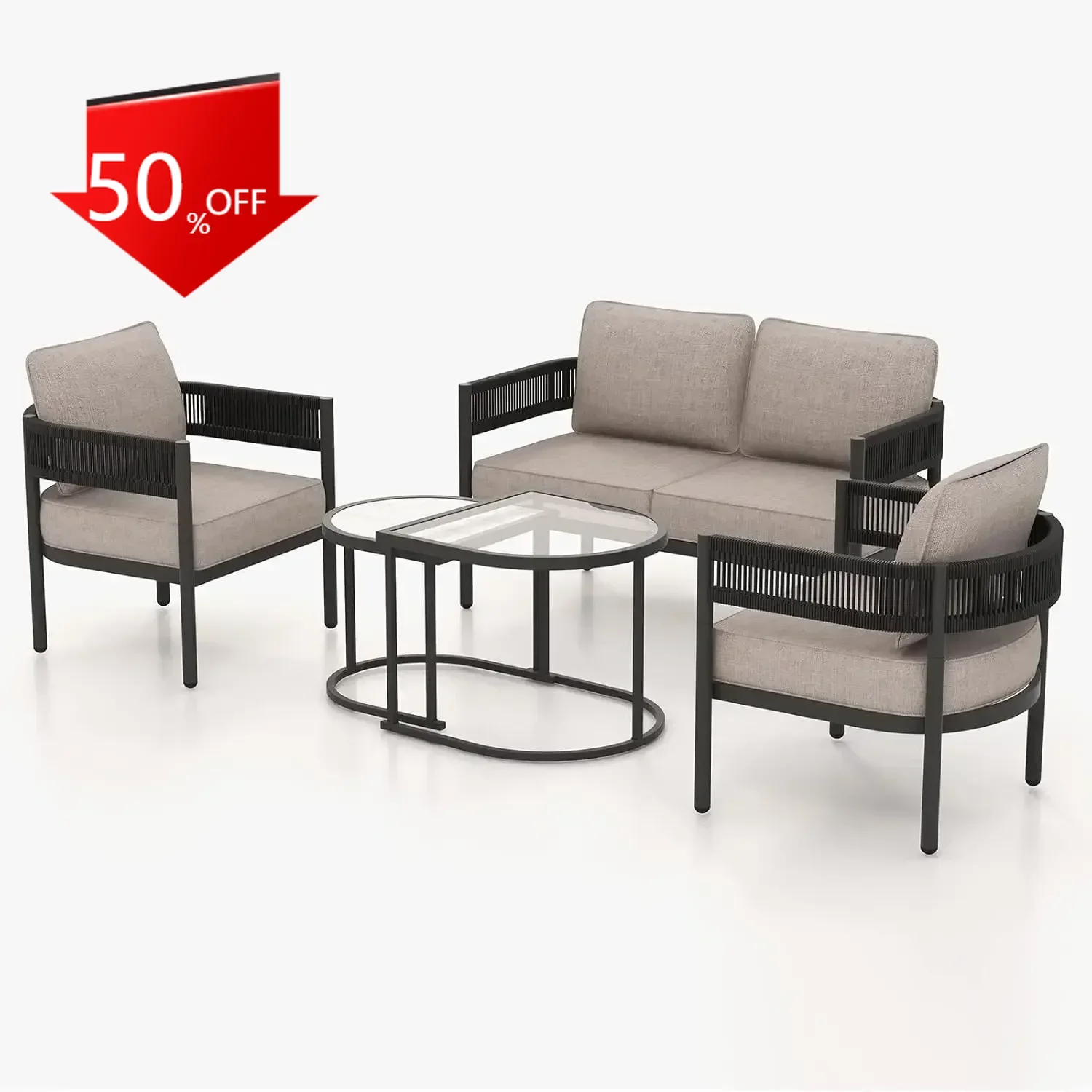 

5-Piece Outdoor Furniture Set with Thick Cushions and Coffee Table, Wicker Sofa Conversation Set for Backyard, Beige
