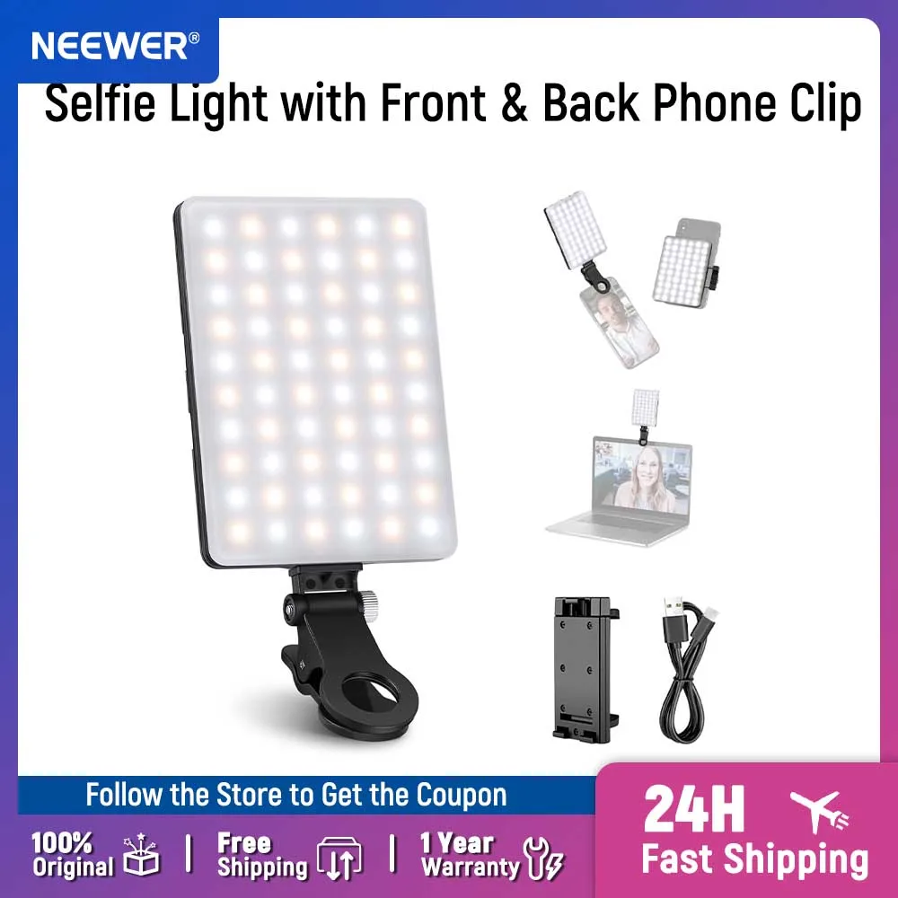 NEEWER BASICS Selfie Light with 60 LED 2000mAh Rechargeable CRI 95+ Portable Clip on Light for Phone/Tablet/Laptop