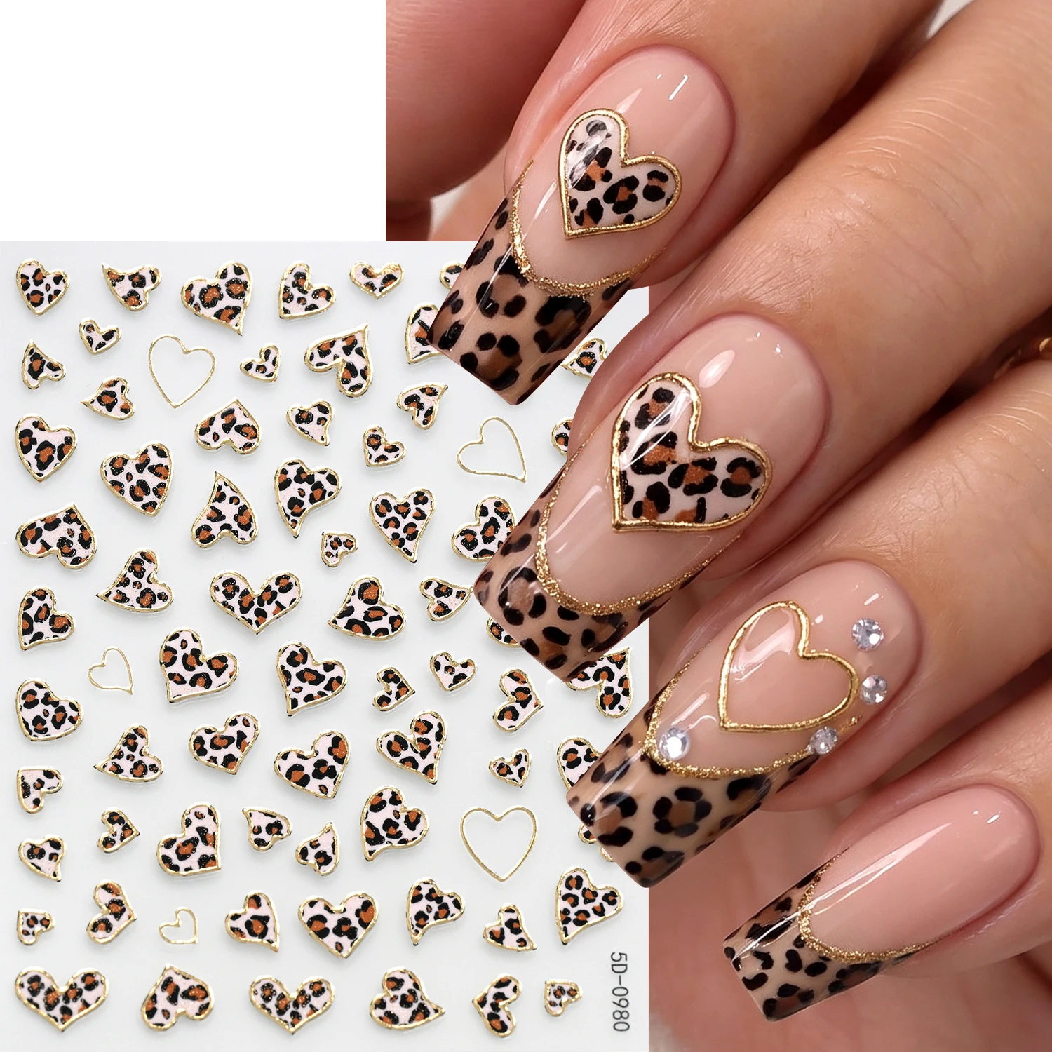 1Pcs 5D Golden Frame Leopard Heart Nail Stickers Autumn Brown Leopards Print Peach-Love Nails Decals Sexy Women Manicure Decor N