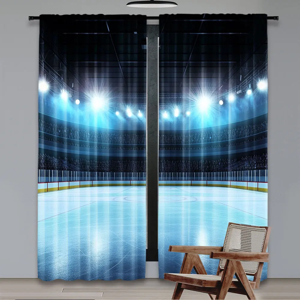 2Pcs Ice Hockey Sport Curtain Hockey Stadium Arena Ice Rink Stage Lights Spotlight Window Drapes Suitable For Bedroom Bathroom