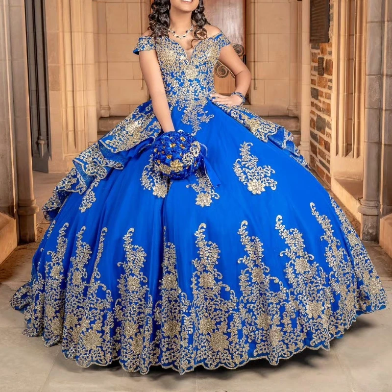 

Luxury Blue Quinceanera Dresses 2024 Gold Lace Appliqued Pearls Ball Gown Vestidos 15 De Quinceañera Sweetheart Sweet 16