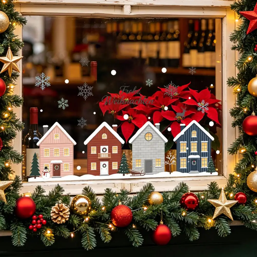 Snowflake Window Decal - エルクファーツリーステッカー 2枚入り クリスマス雪の降る家窓用ステッカー 再利用可能な雪の結晶と鹿の静電ガラスデカール 粘着剤不要 家庭用