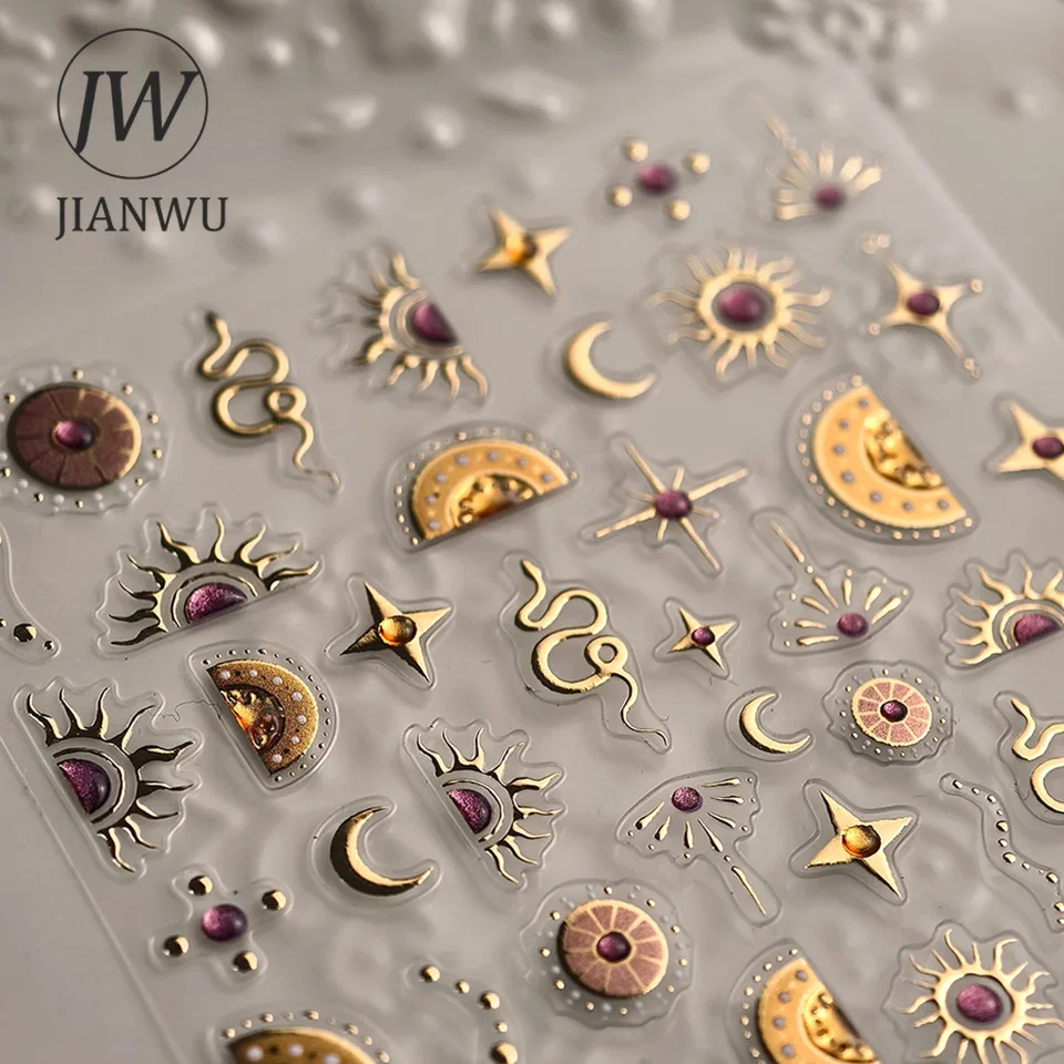 JIANWU 2 Pcs/set Vintage Gold Sun Snake Star Landscape Material Collage Scrapbooking PET Nail Sticker Journal Stationery