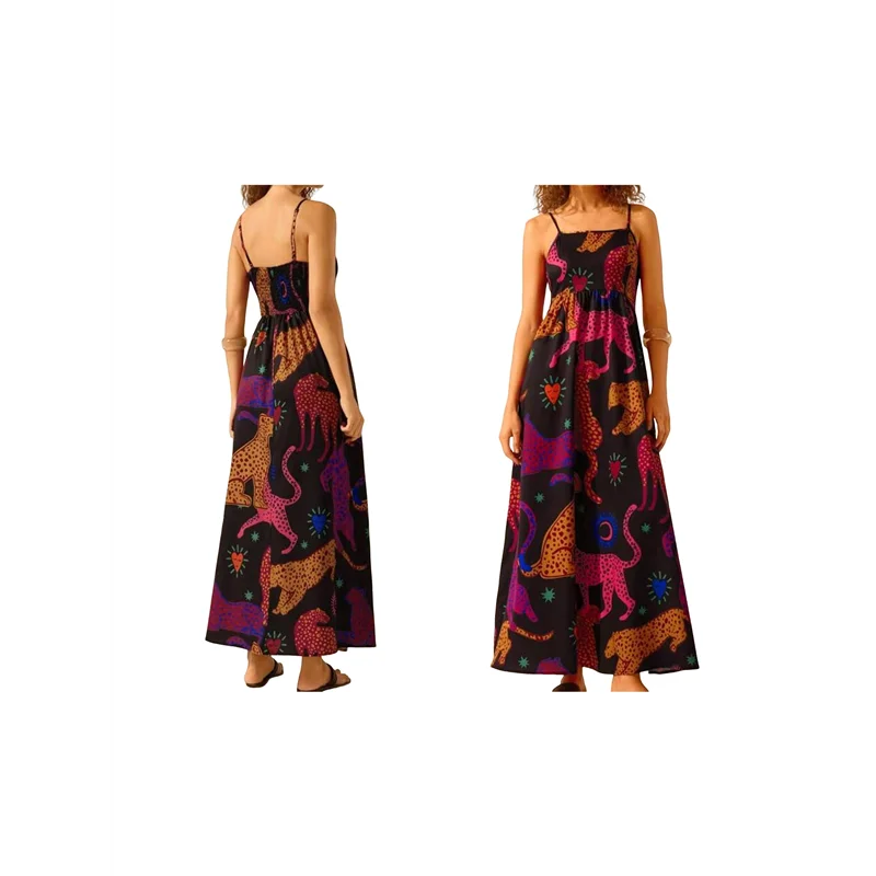 Abito lungo floreale estivo da donna 2025 senza maniche con cinturino per spaghetti stampato abito lungo da spiaggia Boho smock