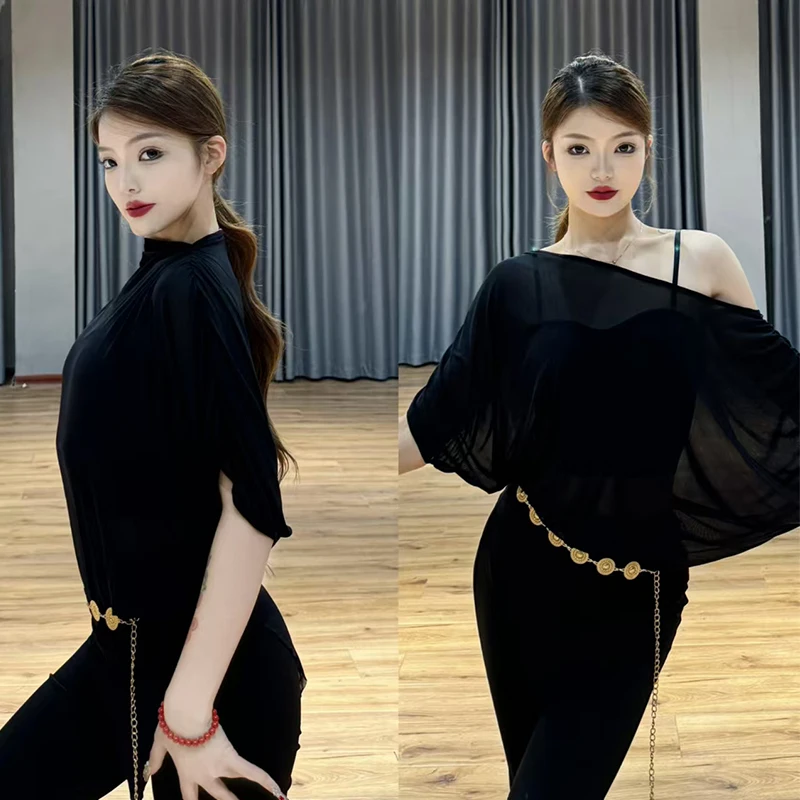 Oblique Shoulder Latin Dance Tops Women Ballroom Dance Performance Clothes Rumba Samba Dance Practice Clothing Black Top NV21964