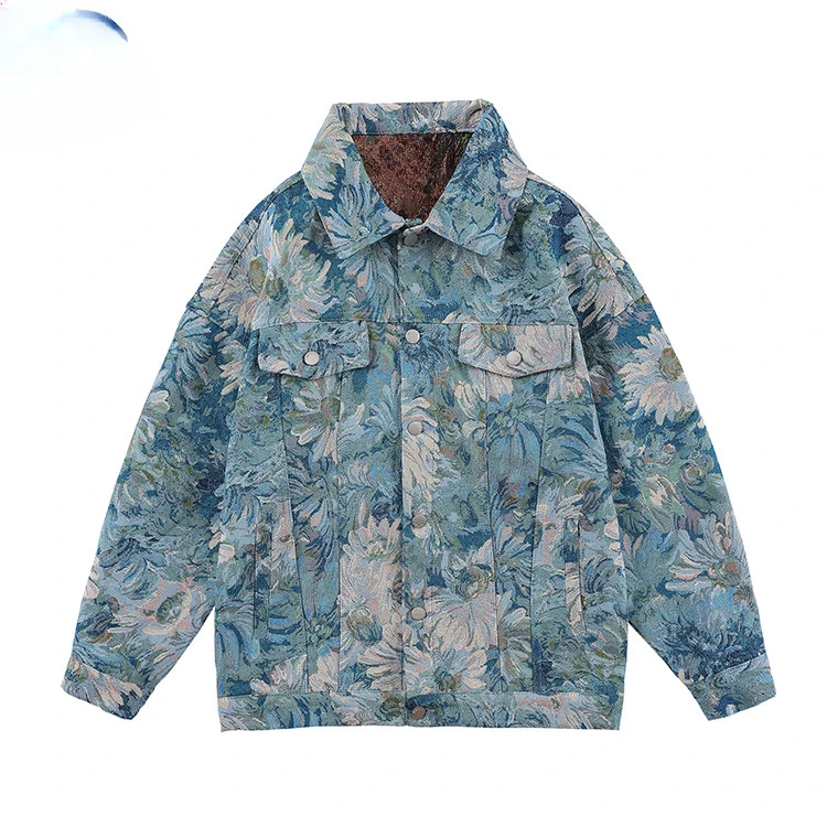 Men's Spring and Autumn New Fashion Retro Personality Oil Painting Jacquard Denim Coat,Loose Lapel Single Breasted Casual Jacket