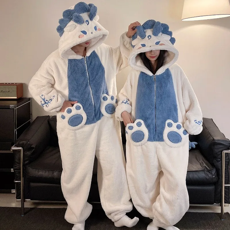Cute Coral Fleece Pajamas Couples Women Men Cartoon Dinosaur Onesie Sleepwear Hooded Soft Zipper Homewear Nightclothes Jumpsuits