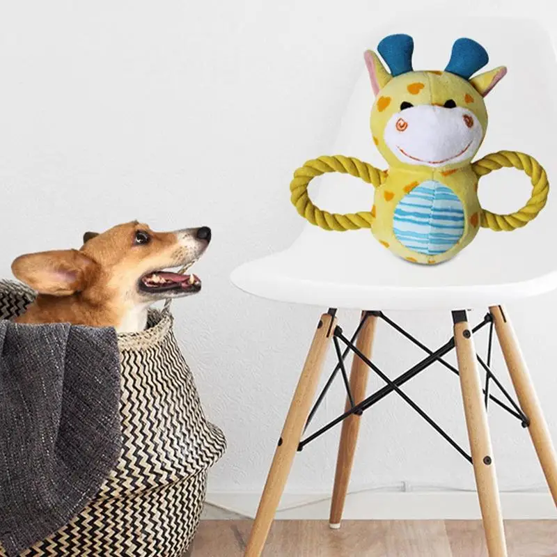 Dog Stuffed Toys Cute Animal Shape Plush Chewing Toy With Double Ropes Interactive Puppy Rope Chew Toy Soft Crinkle Dog Toy For