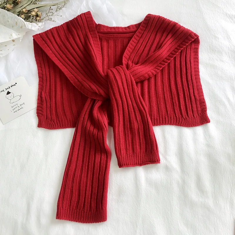 Autumn Korean Knit Warm Shawl Winter Female Blouse Shoulders Fake Collar Cape Knotted Scarf Stripe Neck Guard Scarve For Women