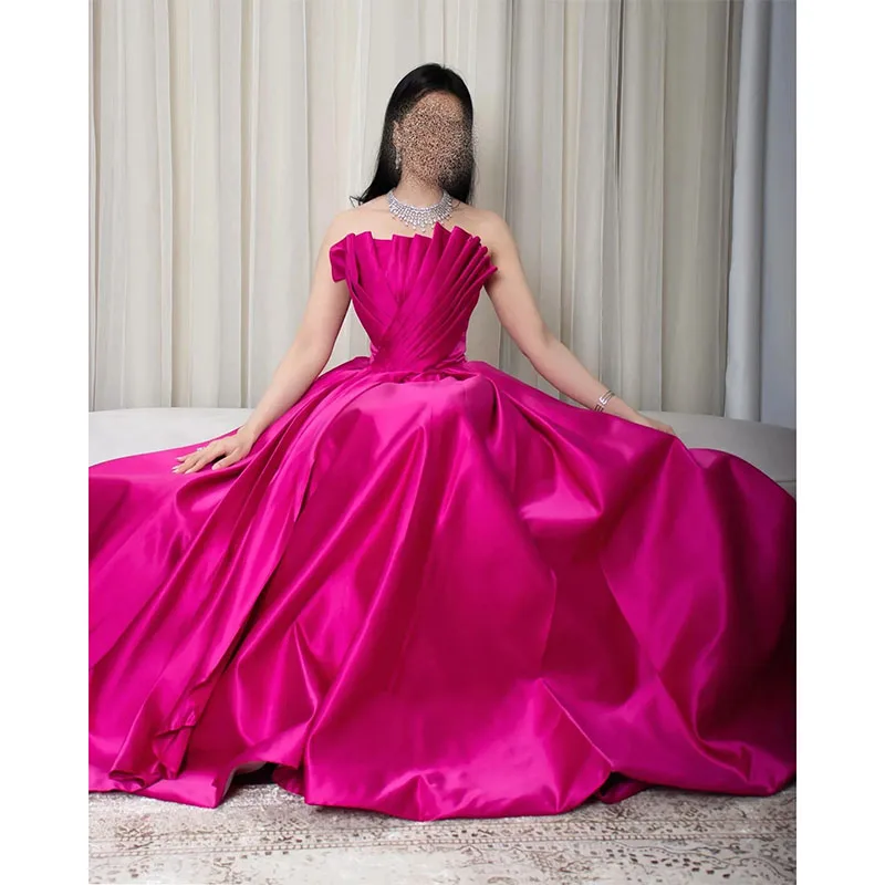 Fuchsia Satin Dubai gaun malam untuk wanita bergigi tanpa lengan panjang Satin A-line pesta Prom gaun pakaian ulang tahun