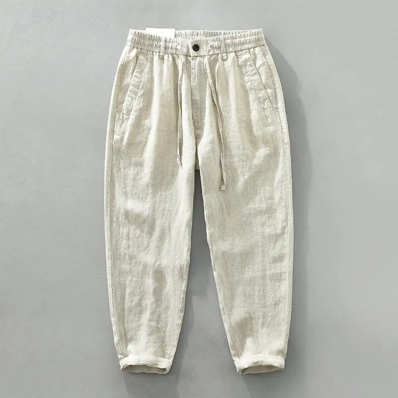 

Мужские тонкие льняные брюки прямого кроя с эластичным поясом на резинке, повседневные, городские, стильные, молодежные, для ежедневной носки, однотонные, рабочая одежда