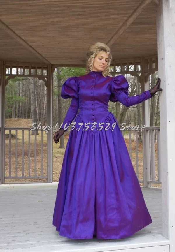 Classic Deep Purple Victorian Prom Dresses European Vintage O Neck Button Bubble Sleeve Ruffle Ruffle Gothic Theatre Dresses