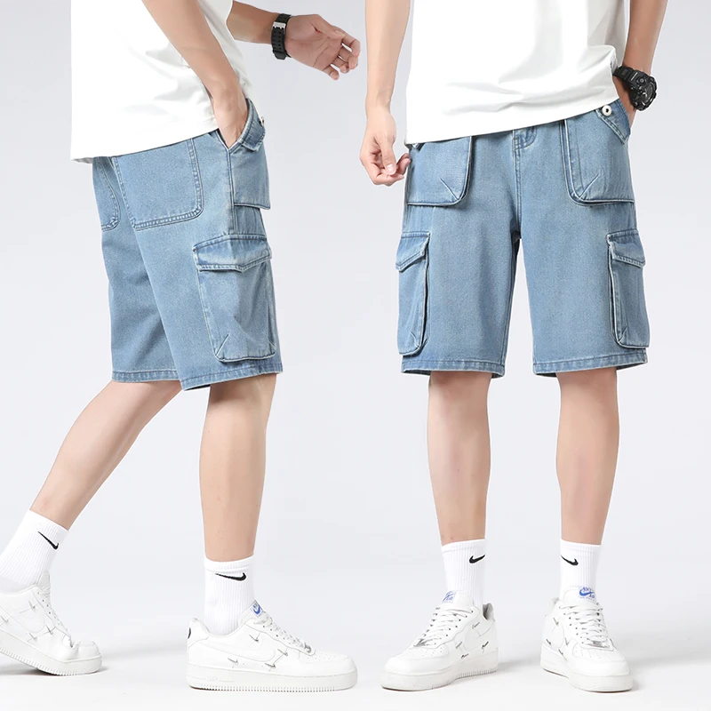 韓国クラシック Y2K マルチポケットカーゴパンツカジュアルショーツ夏の新デニムショーツだぶだぶのジーンズ薄いトレンディな弾性ウエストオーバーオール