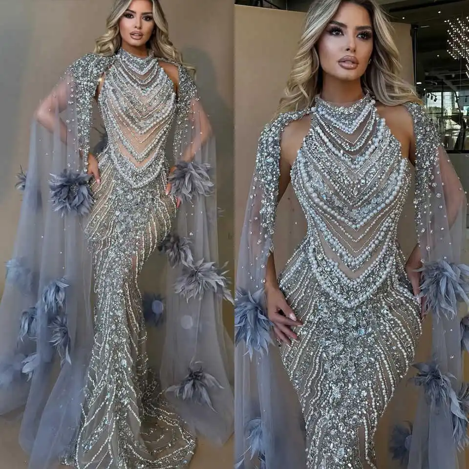 

Gorgeous Evening Dresses For Women High Neck Long Sleeves Gown Sequins Crystal Pearls Sweep Train Dress Party Customized Dress