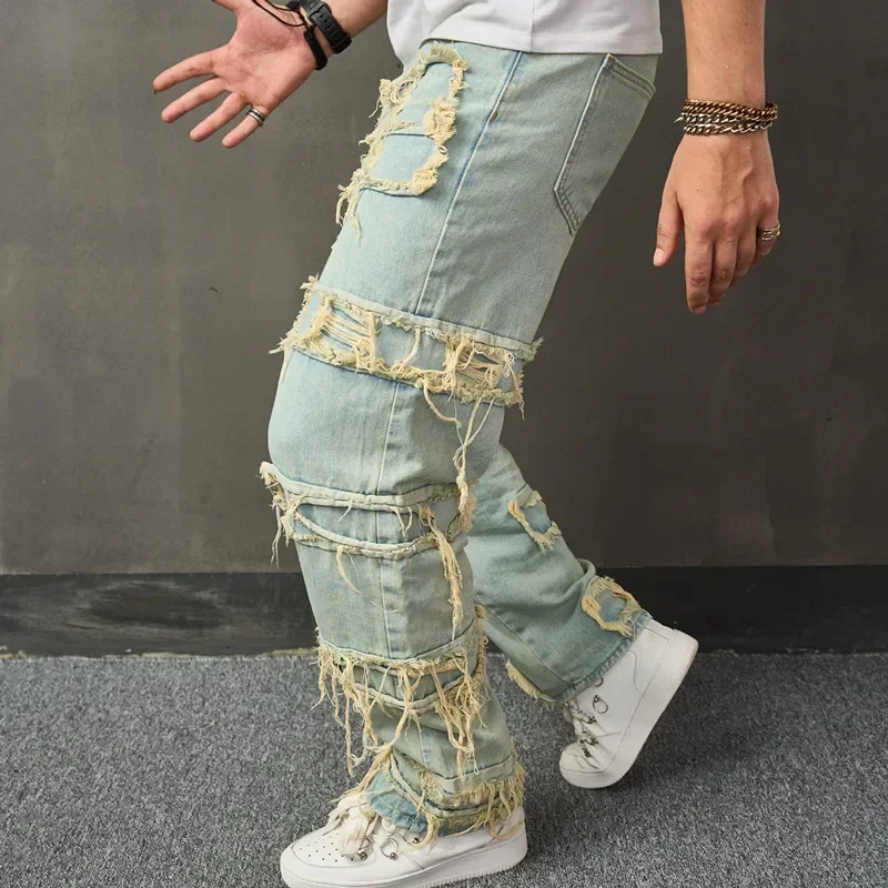 

Vintage Jeans for Men Stretchy Denim Streetwear Tearing Patchwork High Street Wide-leg Pants Casual Slim Fit Straight Trousers