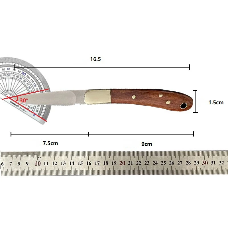 Stainless Steel Folding Blade Knife Wooden Handle Outdoor Camping Fruit Peeling Knife Survival Tool With Leather Case