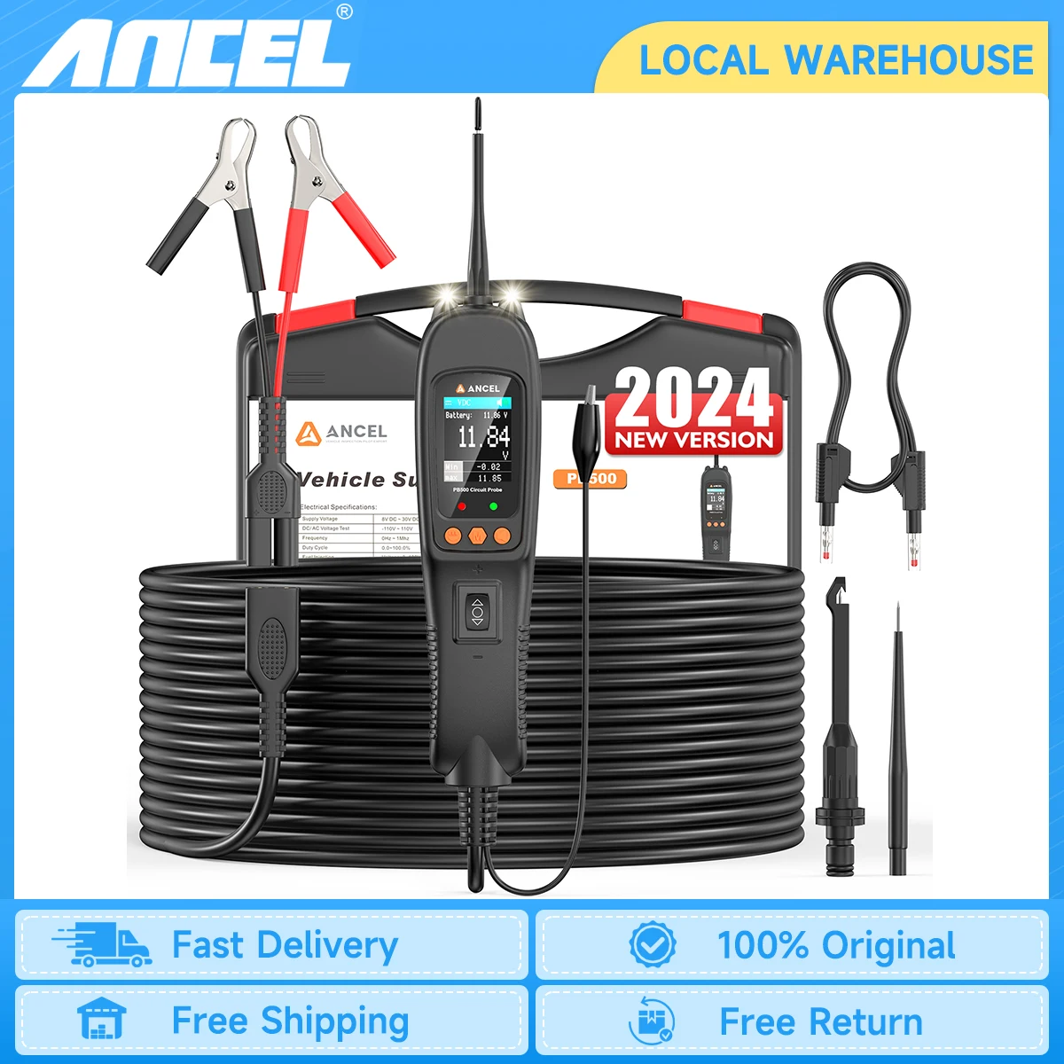 

2024 Ancel PB500 Car Power Circuit Probe Tester 12V 24V Battery Tester Fuel Injection/ Resistive/Diode/Frequency/Duty Cycle Test