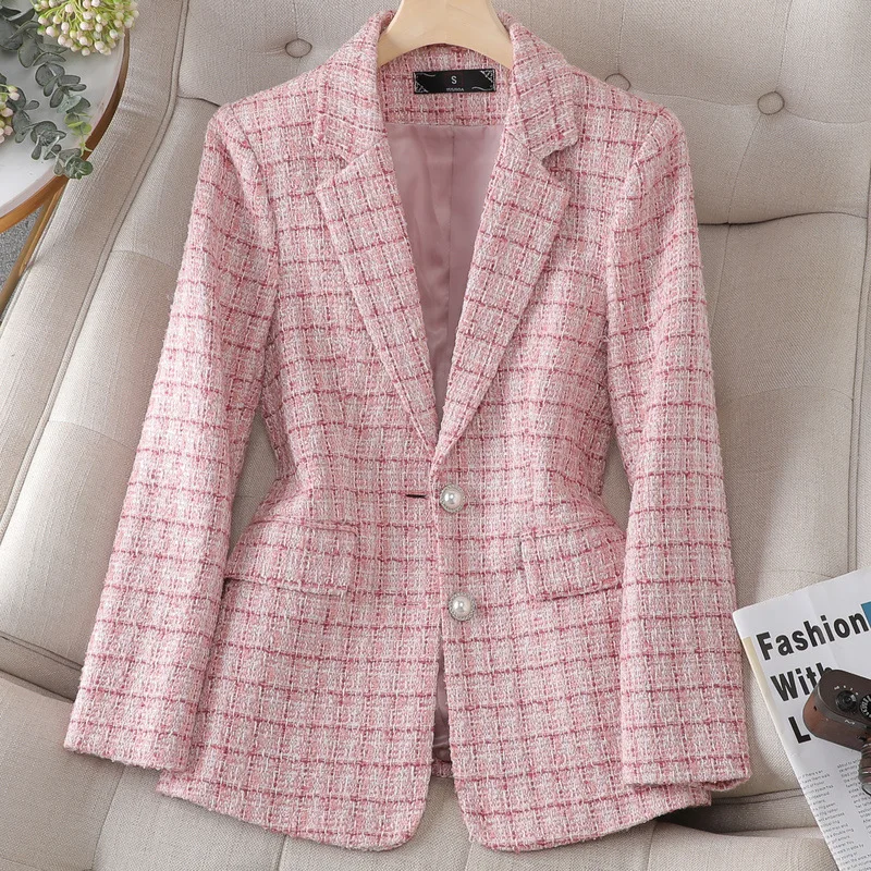 Pink Women's Suit  Autumn And Winter New High-End Tweed Plaid Design Elegant Goddess-Style Blazer