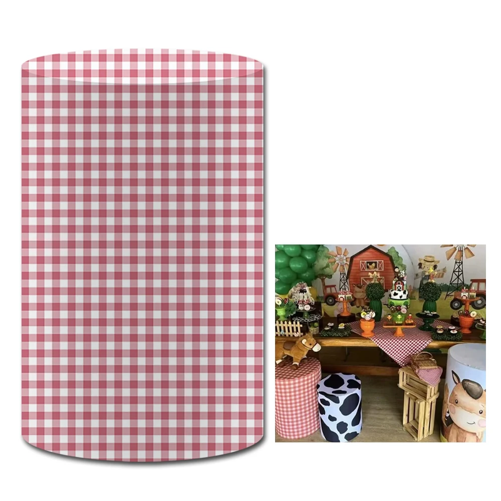 Red Plaid Cylinder Plinth Covers for Baby Birthday Parties Farm Theme Stretchy Pedestal Cover Party Tablecloth Decor Props