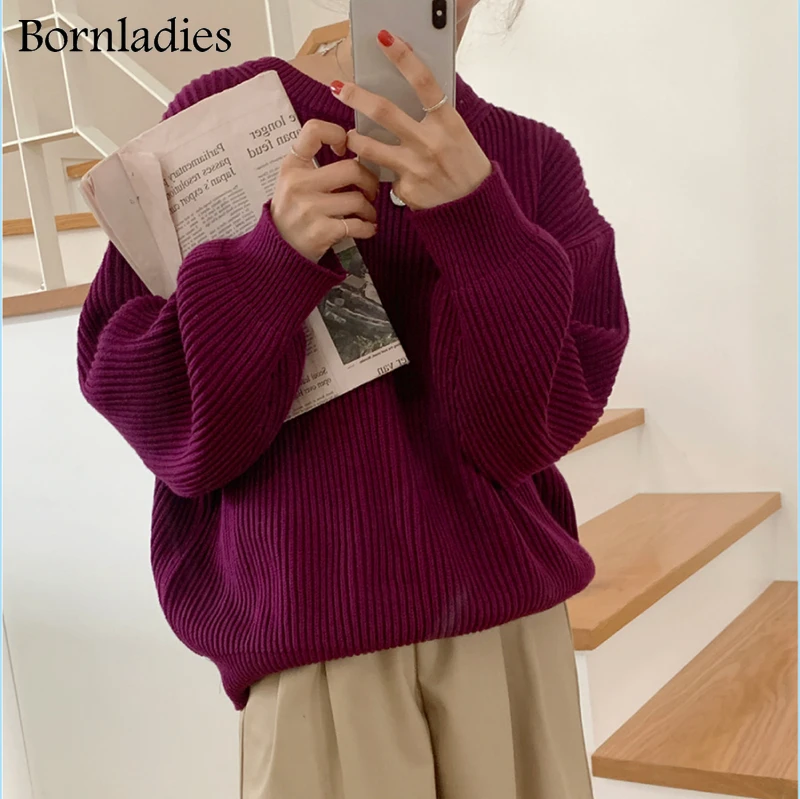 Bornladies 2022 Autumn Winter Loose Stripe Pullover Basic Warm Sweater for Women Soft Kniited O Neck Fashion Sweater Women Pull