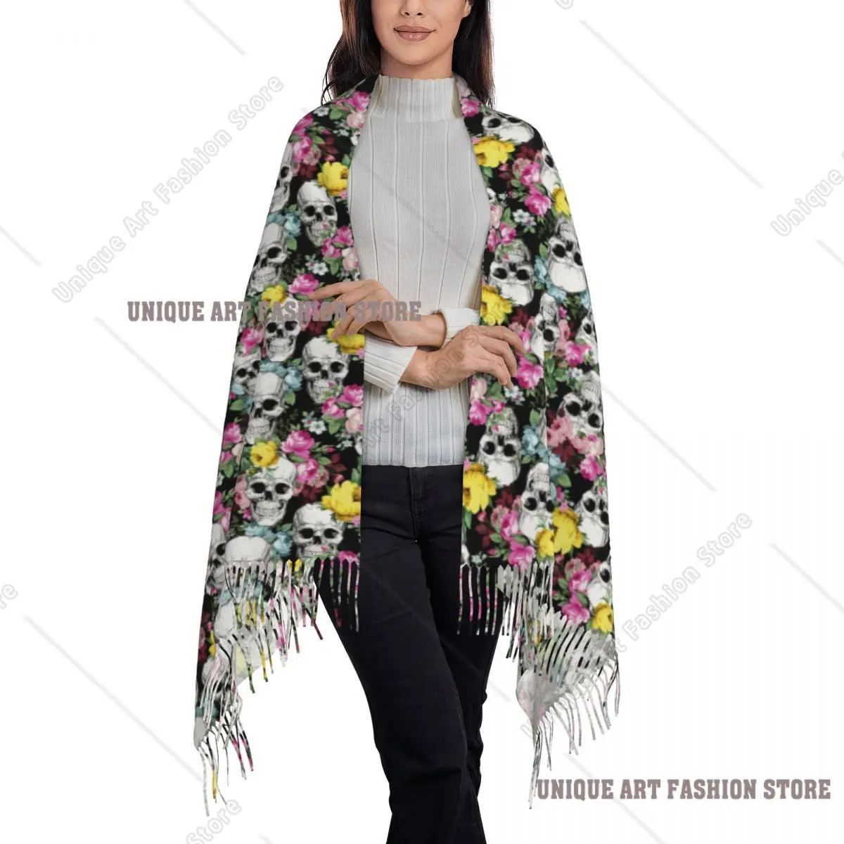 مخصص روز زهرة الجمجمة نمط شرابة وشاح المرأة شتاء خريف دافئ شال التفاف سيدة هالوين الأوشحة القوطية