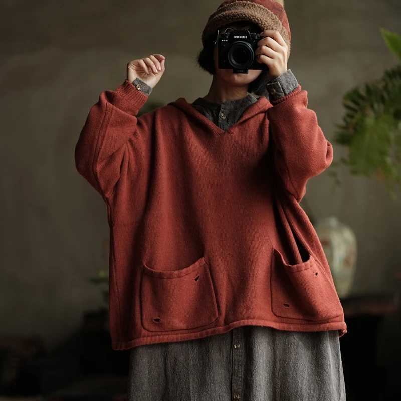 

Oversized Women Casual Hooded Pullovers New Arrival 2025 Autumn Simple Style Double Pockets Loose Female Knitted Sweaters M1862