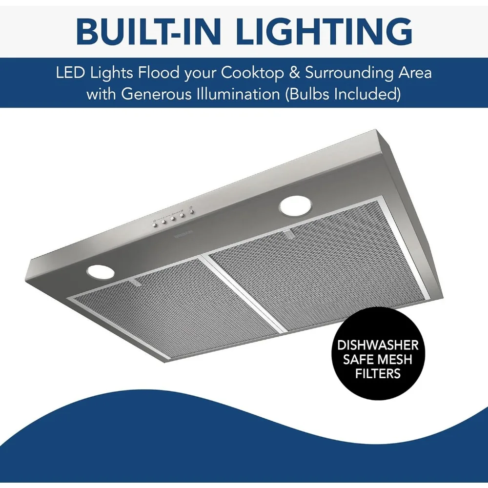 BCSQ130SS Three-Speed Glacier Under-Cabinet Range Hood with LED Lights ADA Capable, 1.5 Sones, 375 Max Blower CFM