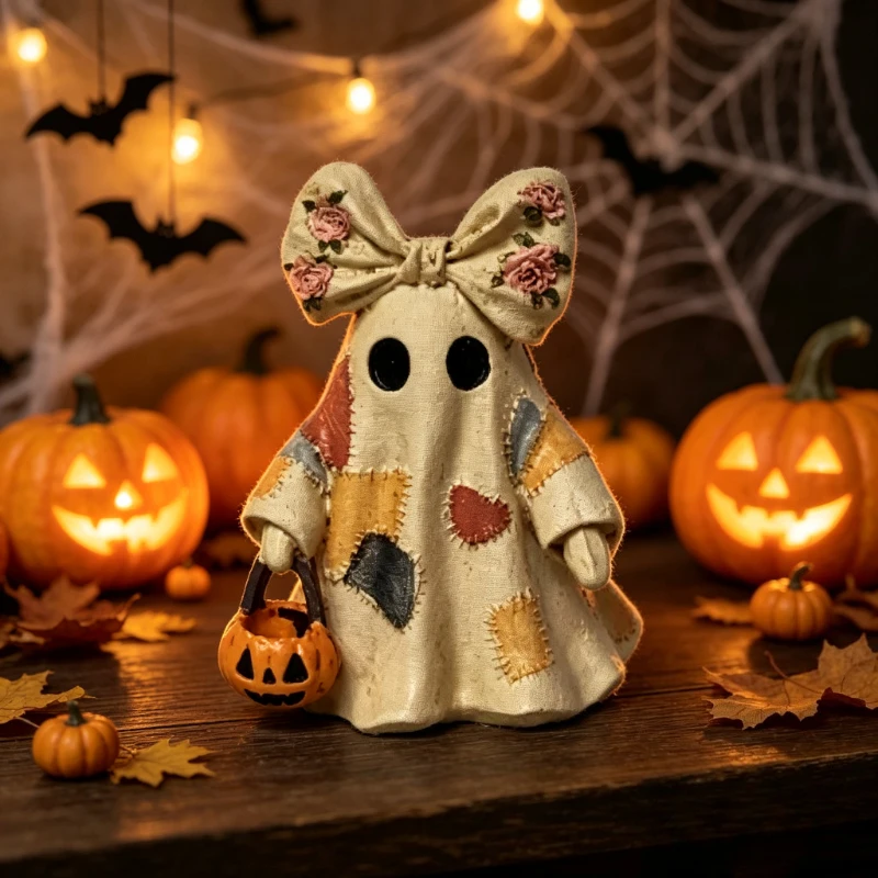 1 Pc Patchwork Ghost Resin Figurine with Pink Rose Pumpkin Treat Bucket  Halloween Gift for Bestie Girlfriend