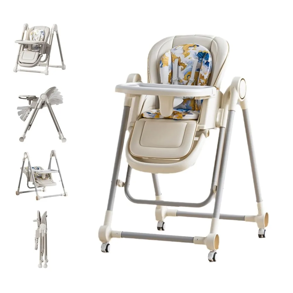 2 in 1 Portable Baby High Chair for Babies & Toddlers Swing Chair Foldable with Wheels Cushion Adjustable Height Learning Table