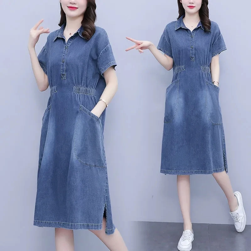 Robe en denim vintage à manches courtes pour femmes, chemise slim avec poches, vêtements décontractés pour femmes, 4XL, été, nouveau, 2023