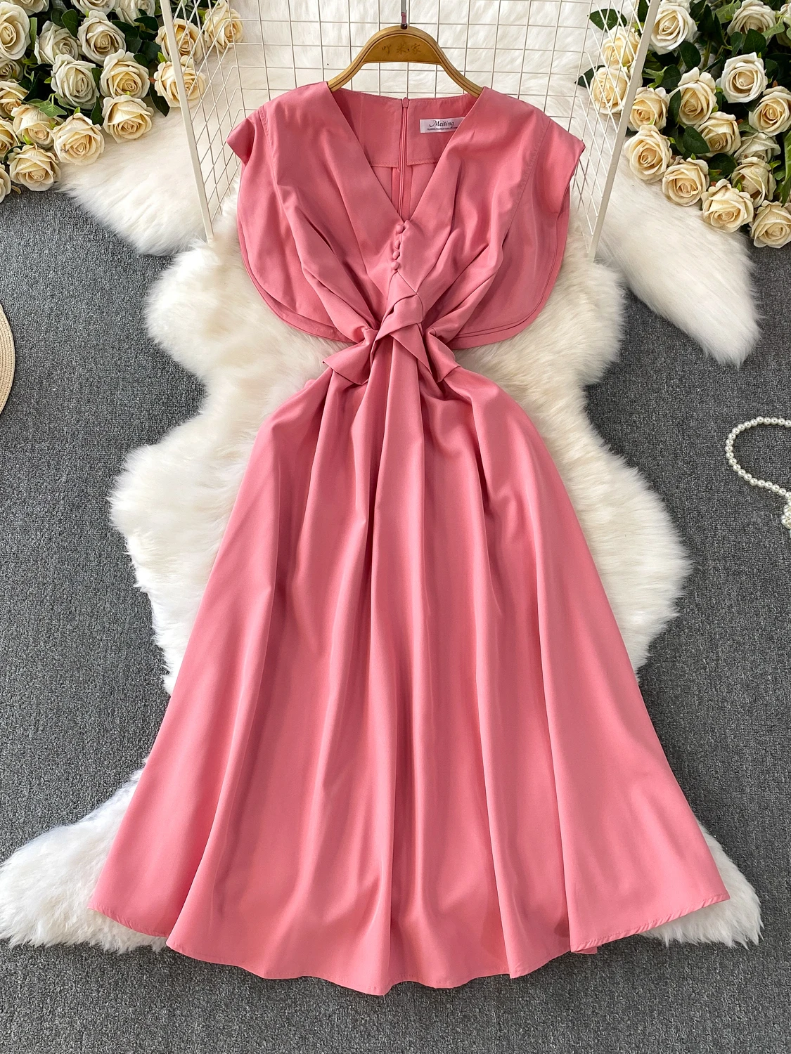 Red Sexy V-ne  Dr Women's Summer High Waist Satin Pleated Waist Cinch Long Skirt Commute Sle ort Sve Dr