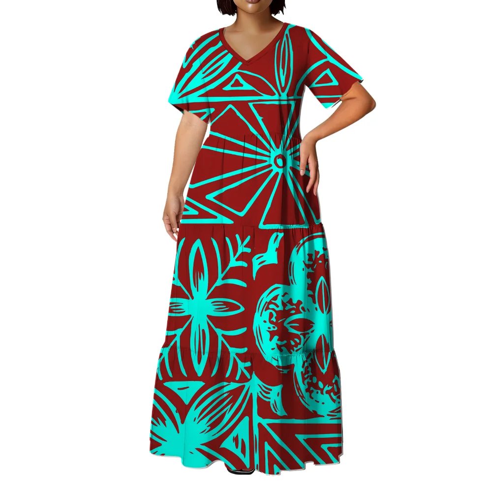 

Polynesian Samoan Island Woman V-Neck Casual Loose Dress Hawaiian Party Plus-Size Traditional Ethnic Costume