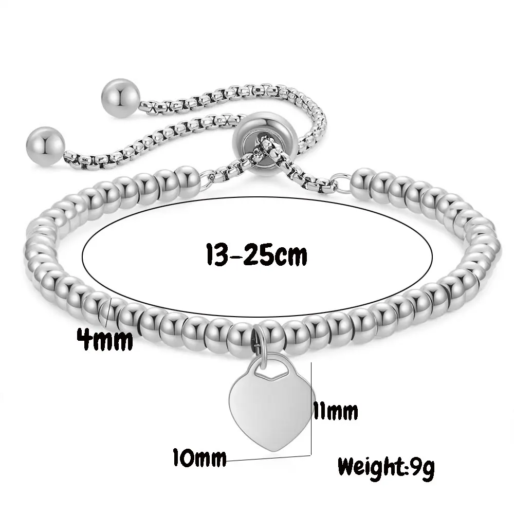 New Fashion 4mm Stainless Steel Bracelet Classic Round Bead Chain Heart Adjustable Laser Logo Bracelet For Women Jewelry Gifts